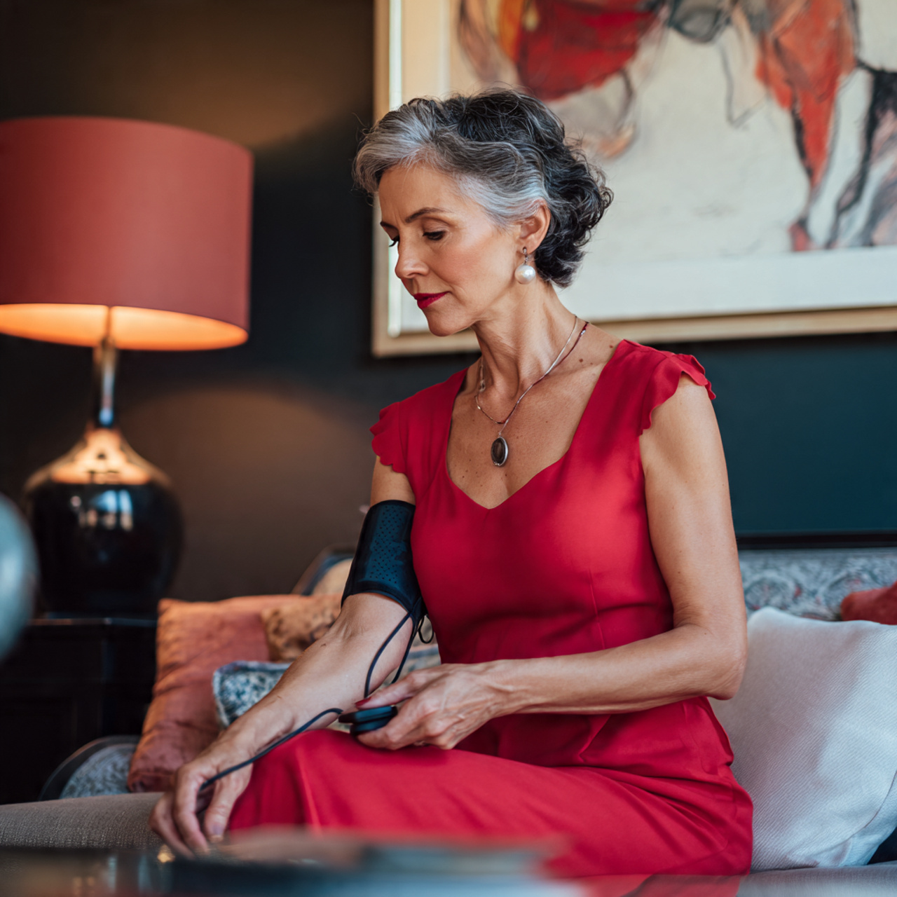 Persona midiendo la presión arterial con baumanómetro digital