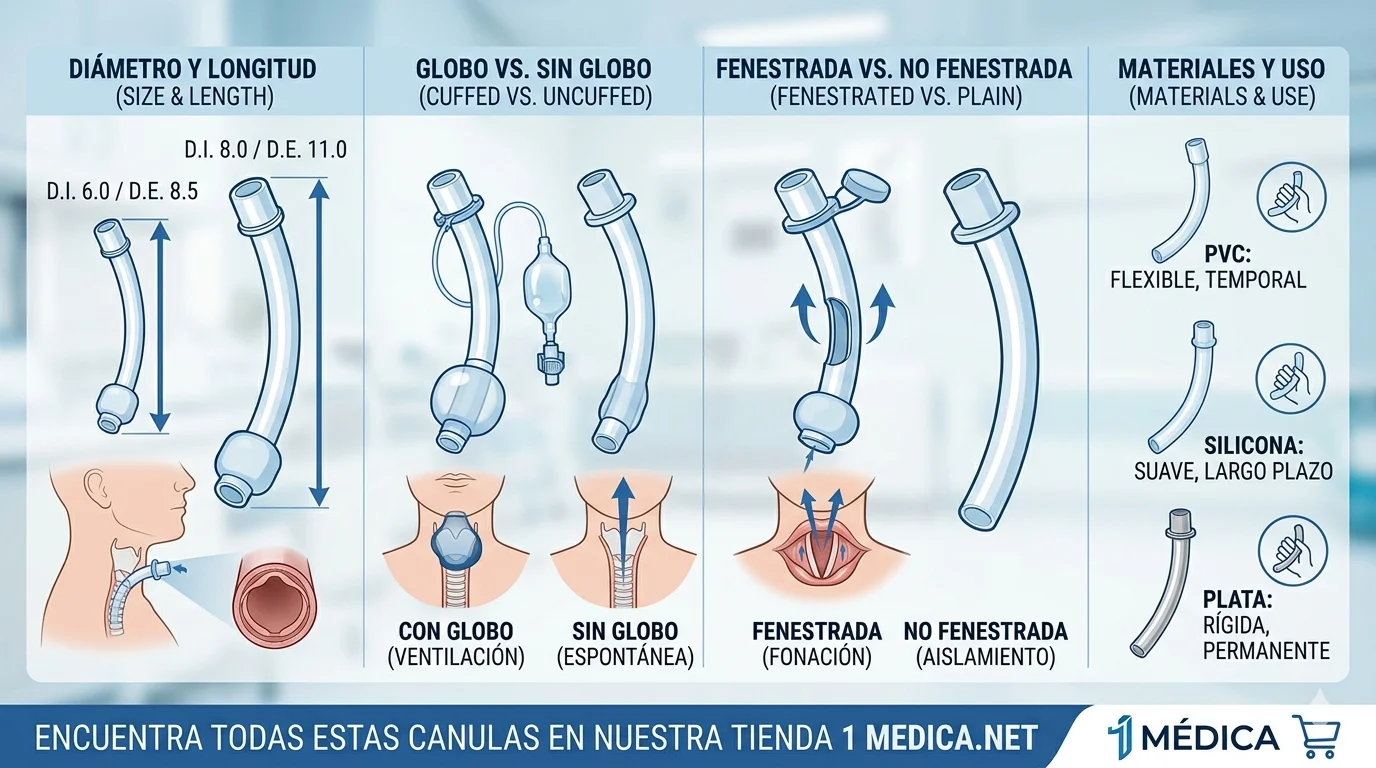 Variedad de cánulas para traqueostomía (fenestradas, con globo y de silicona) en tienda 1 Médica.
